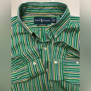 Ralph Lauren - all cotton green striped button up shirt Size Medium